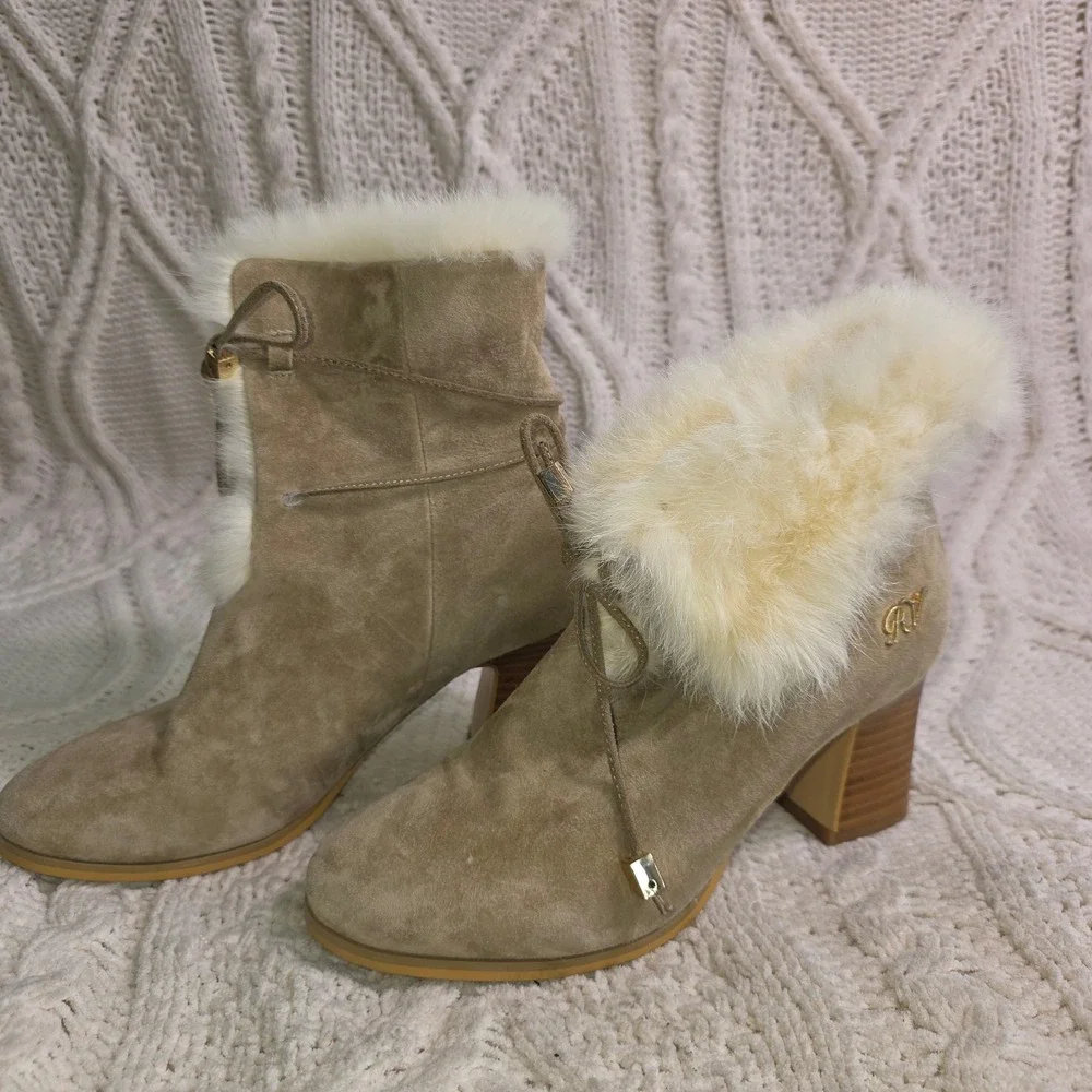RV Roger Vivier Taupe Suede Leather Fox Fur Lined Ankle Boots Women 36 5.5 6